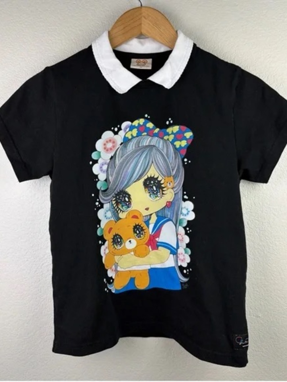 Teddy Fresh Black Short Sleeve Tee with Colorful Anime Girl and Bear